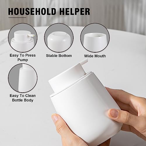 Agyiuns ホワイトソープディスペンサー セラミック泡ソープディスペンサー 押しやすいポンプ付き バスルーム用 12オンス 詰め替え可能 液体ハンドソープディスペンサー ハンドサニタイザー ローション用 ホワイトフォームディスペンサー