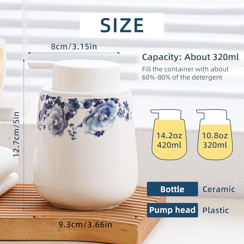 Agyiuns ソープディスペンサー セラミックフォームソープディスペンサー 押しやすいポンプ付き バスルーム用 12オンス 詰め替え可能 液体ハンドソープディスペンサー ハンドサニタイザー ローション用 (ブルーフラワーフォームディスペンサー)