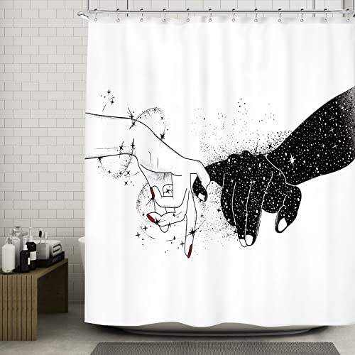 白黒 Lover Hands シャワーカーテン カップル 惑星 星 抽象 ロマンチック ファブリック 防水 バスルーム ホームデコセット 72x72インチ 12個のプラスチックフック