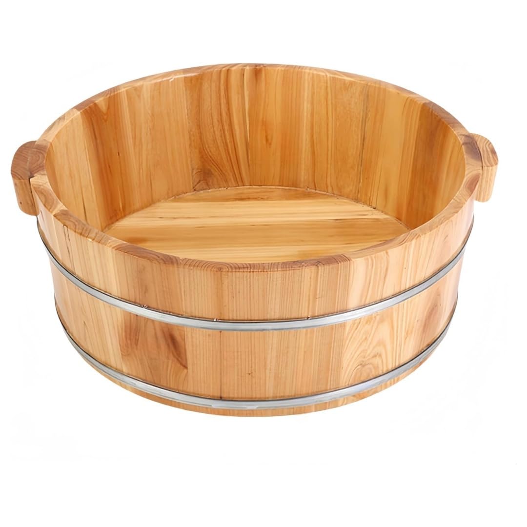 Rhljgbs 足浴桶 業務用 フットバス 実木製 足湯桶 無垢材足湯器 取っ手付き 足浴器 足湯バケツ 洗顔洗濯大人木樽 保温フットバス 疲労軽減 家庭用 フットバスバレル 風呂桶 湯桶ペディキュア滑らかな表面 足浴槽 (口径36cm（両耳）)