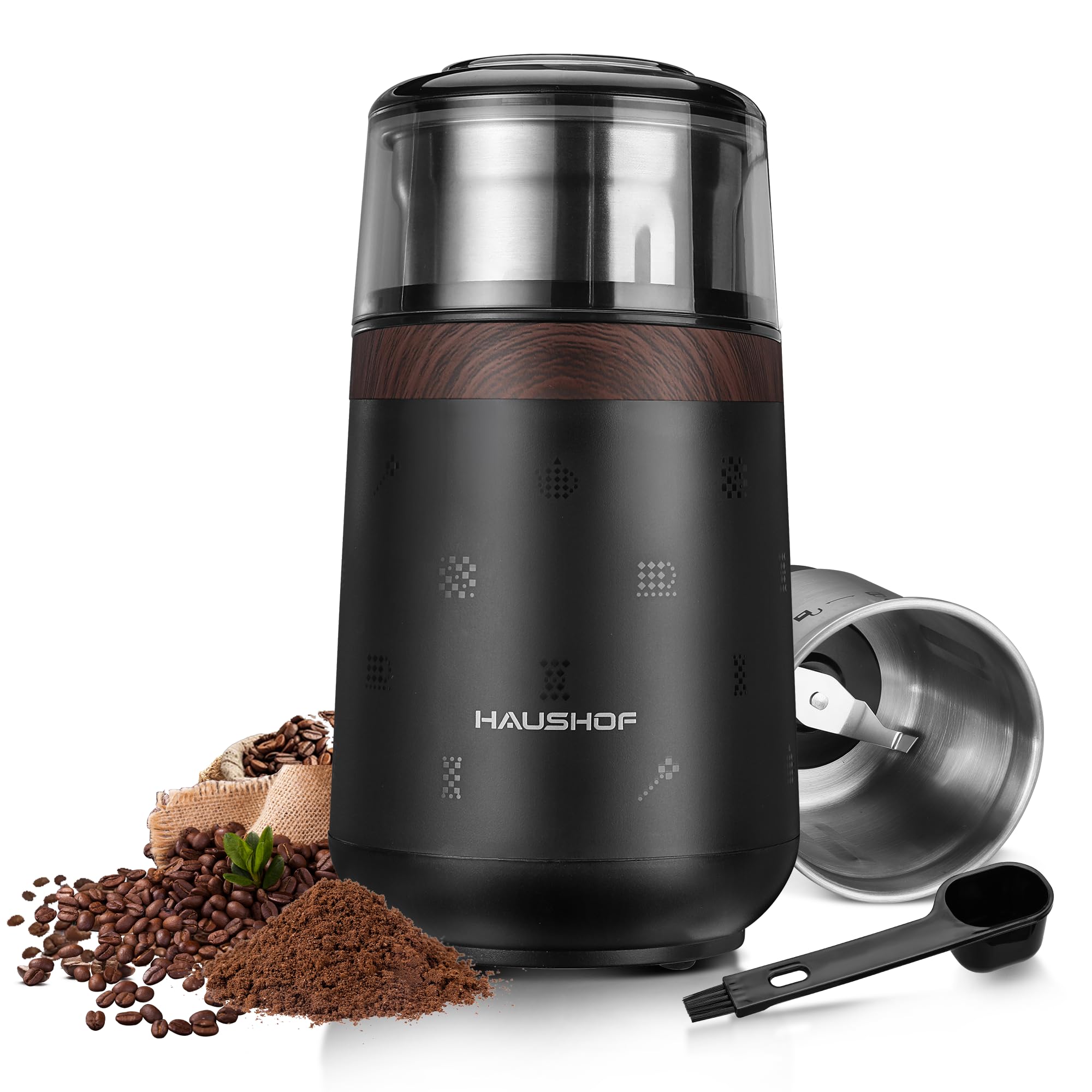 HAUSHOF 電動コーヒーミル コーヒー豆ひき機 コーヒーグラインダー ポータブル 75g大容量 着脱式ホッパー 豆挽き 緑茶 山椒 唐辛子 胡椒 山椒 調味料 穀物を挽く 一台多役 水洗い可能 掃除ブラシ付 お手入れ簡単