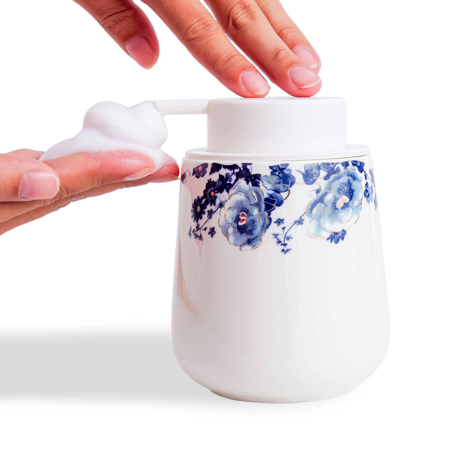 Agyiuns ソープディスペンサー セラミックフォームソープディスペンサー 押しやすいポンプ付き バスルーム用 12オンス 詰め替え可能 液体ハンドソープディスペンサー ハンドサニタイザー ローション用 (ブルーフラワーフォームディスペンサー)